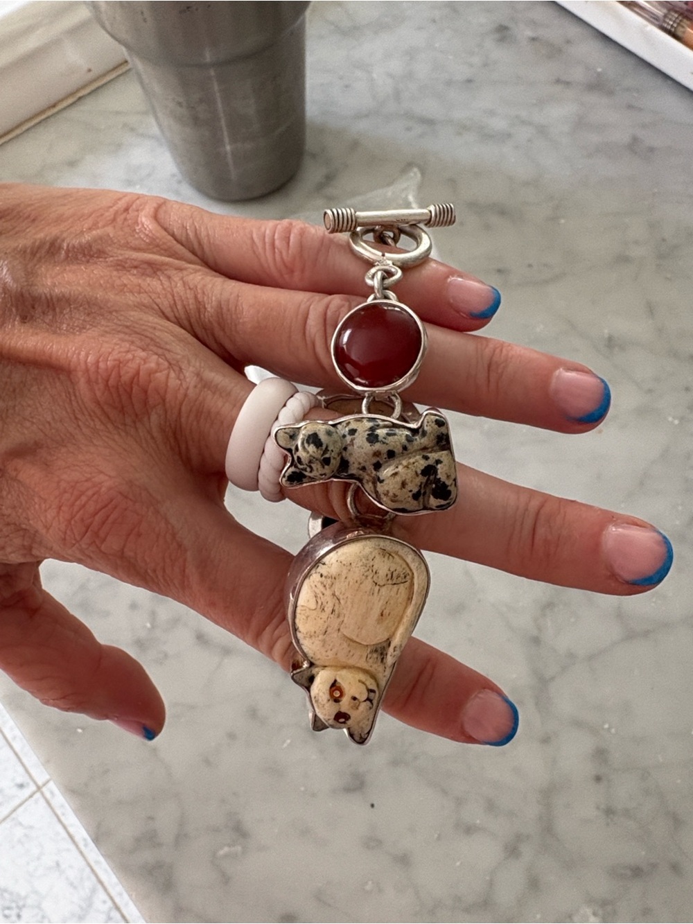Handcrafted Turtle, Onyx & Carved Fish Pendant Bracelet in Red, Black & Cream